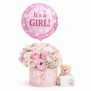 מארז פרחים ורוד להולדת הבת עם דובי ובלון It's a Girl
